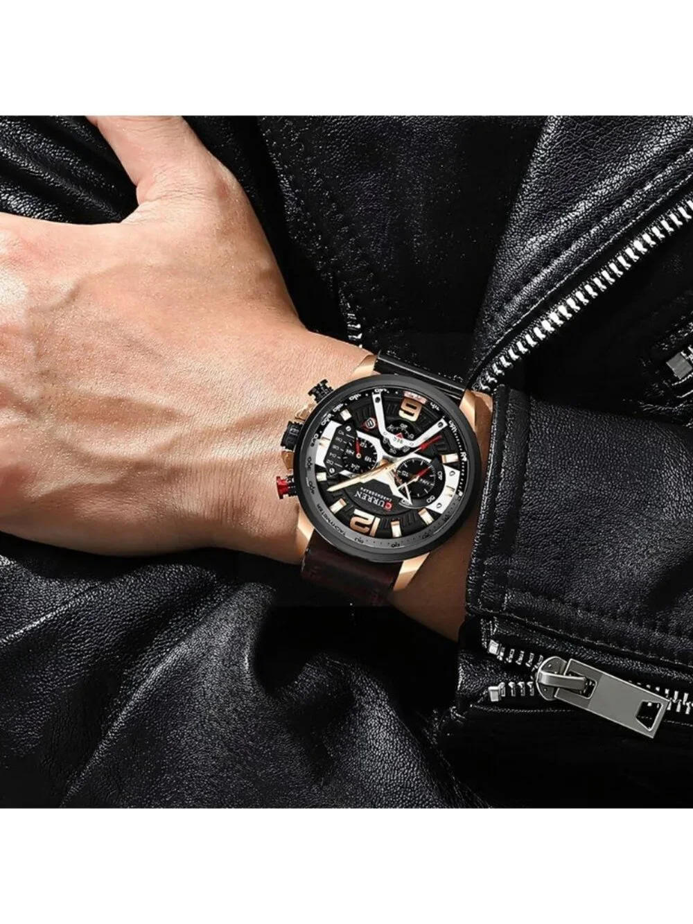 Men's Brown Rose Gold Analog Waterproof Leather Strap Chronograph Luxury Watch